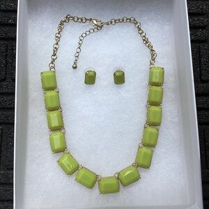 Necklace/stud earring set - Green with gold trim. 18”-20” extender